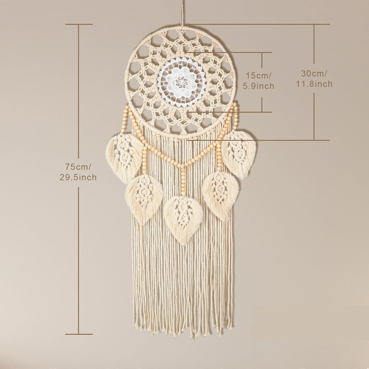 Handwoven Leaf Macrame Wall Hanging with Wooden Beads - 75 x 30 cm - product image 5
