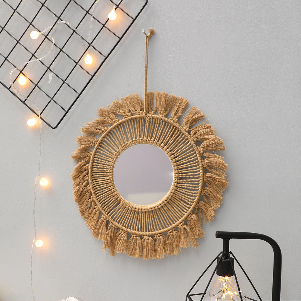 Boho Brown Wall Mirror with Cotton Weaving and Wood Accents - Brown Wood Bead