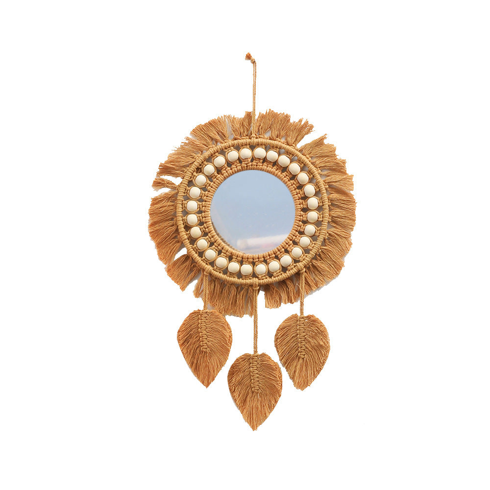 Boho Brown Wall Mirror with Cotton Weaving and Wood Accents