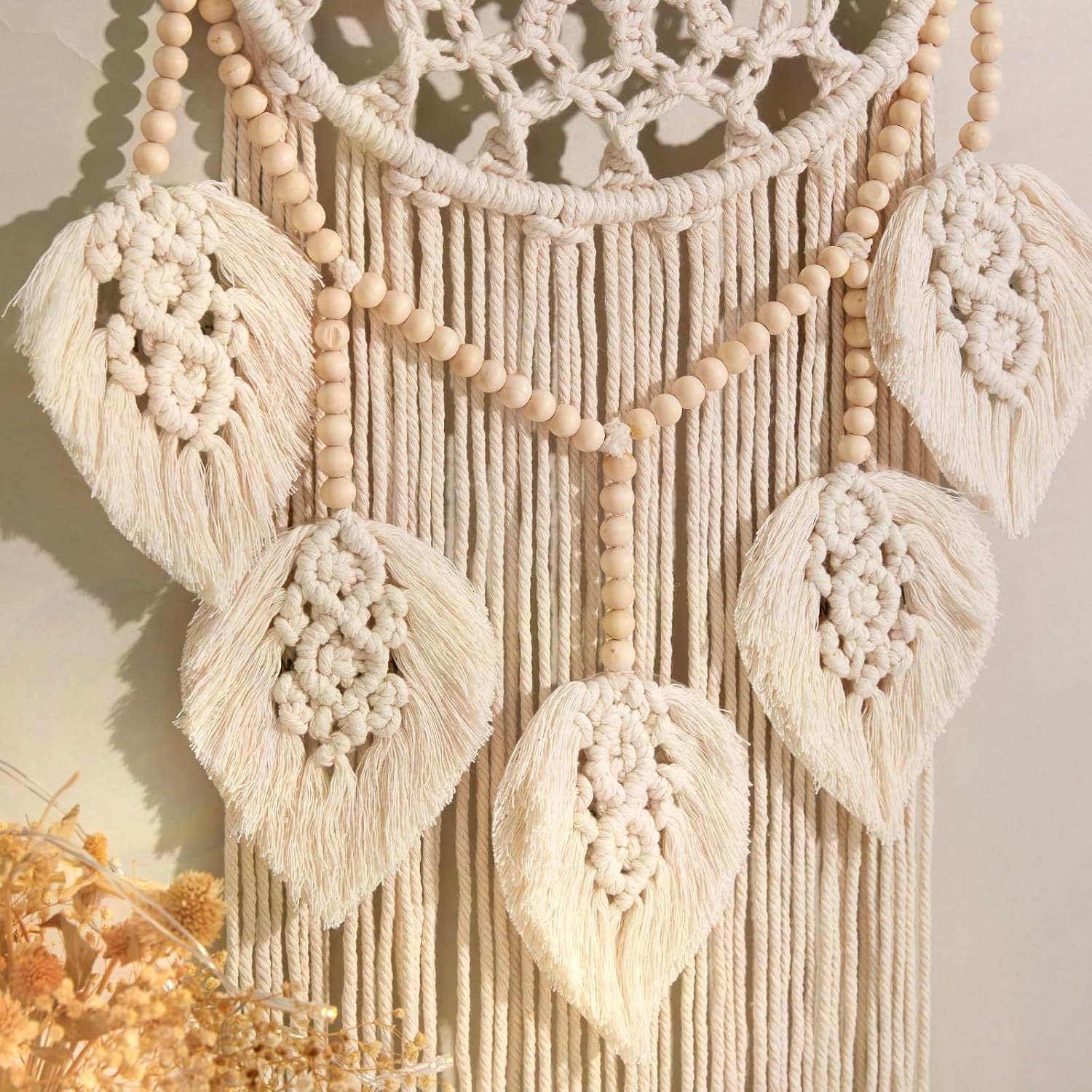 Handwoven Leaf Macrame Wall Hanging with Wooden Beads - 75 x 30 cm - product image 3