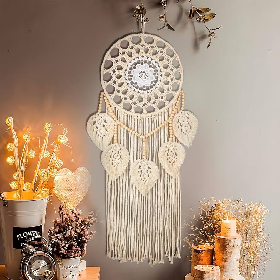 Handwoven Leaf Macrame Wall Hanging with Wooden Beads - 75 x 30 cm - product image 1