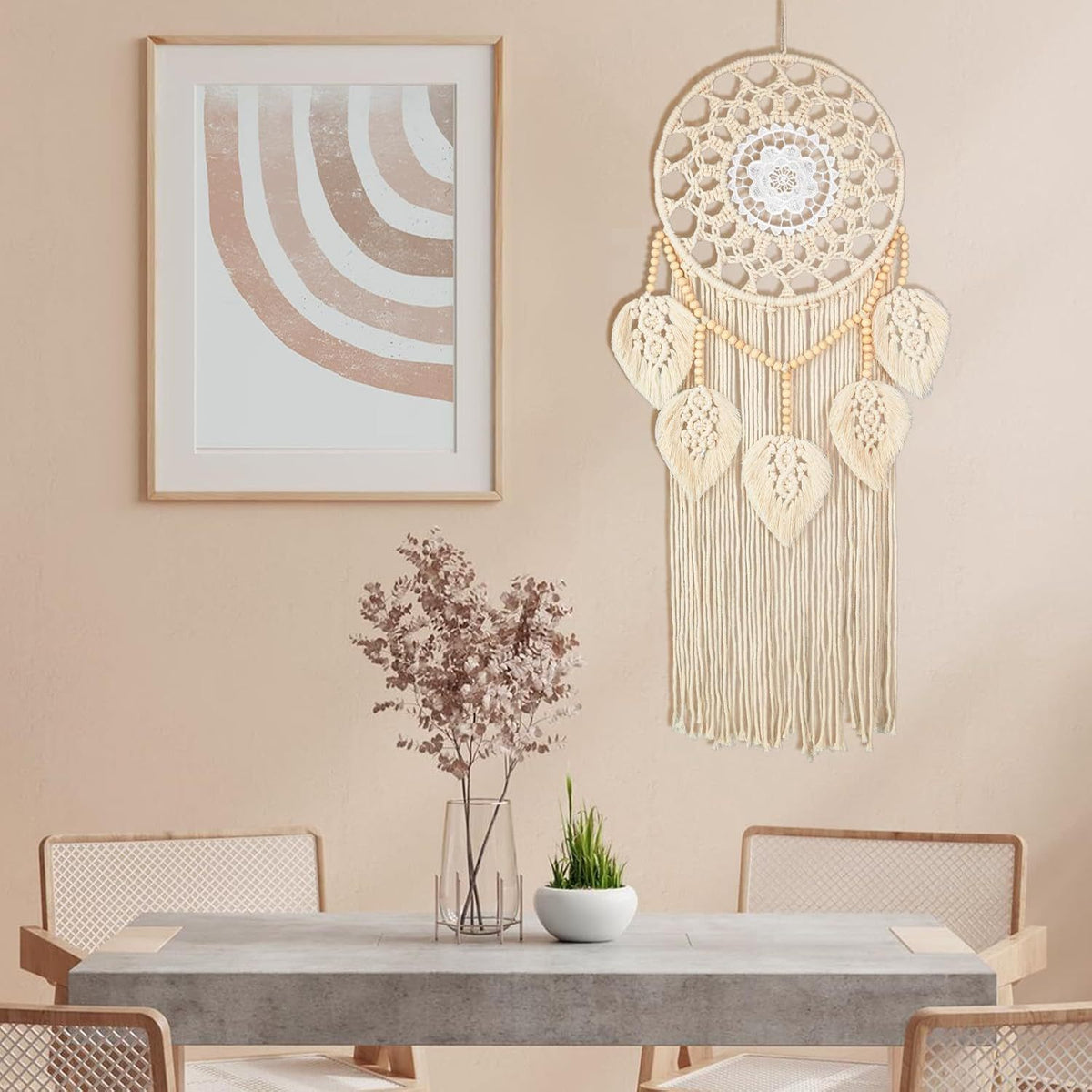 Handwoven Leaf Macrame Wall Hanging with Wooden Beads - 75 x 30 cm - product image 2