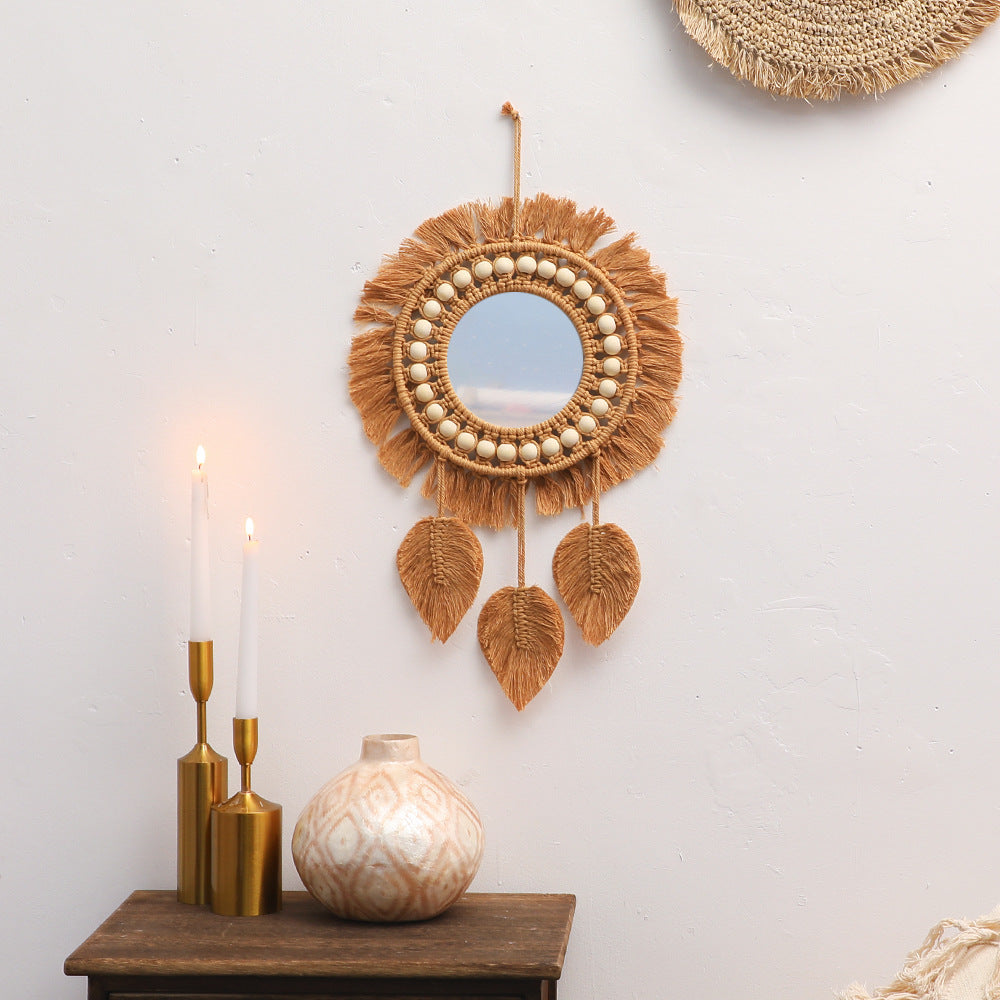 Boho Brown Wall Mirror with Cotton Weaving and Wood Accents - Brown Tassel