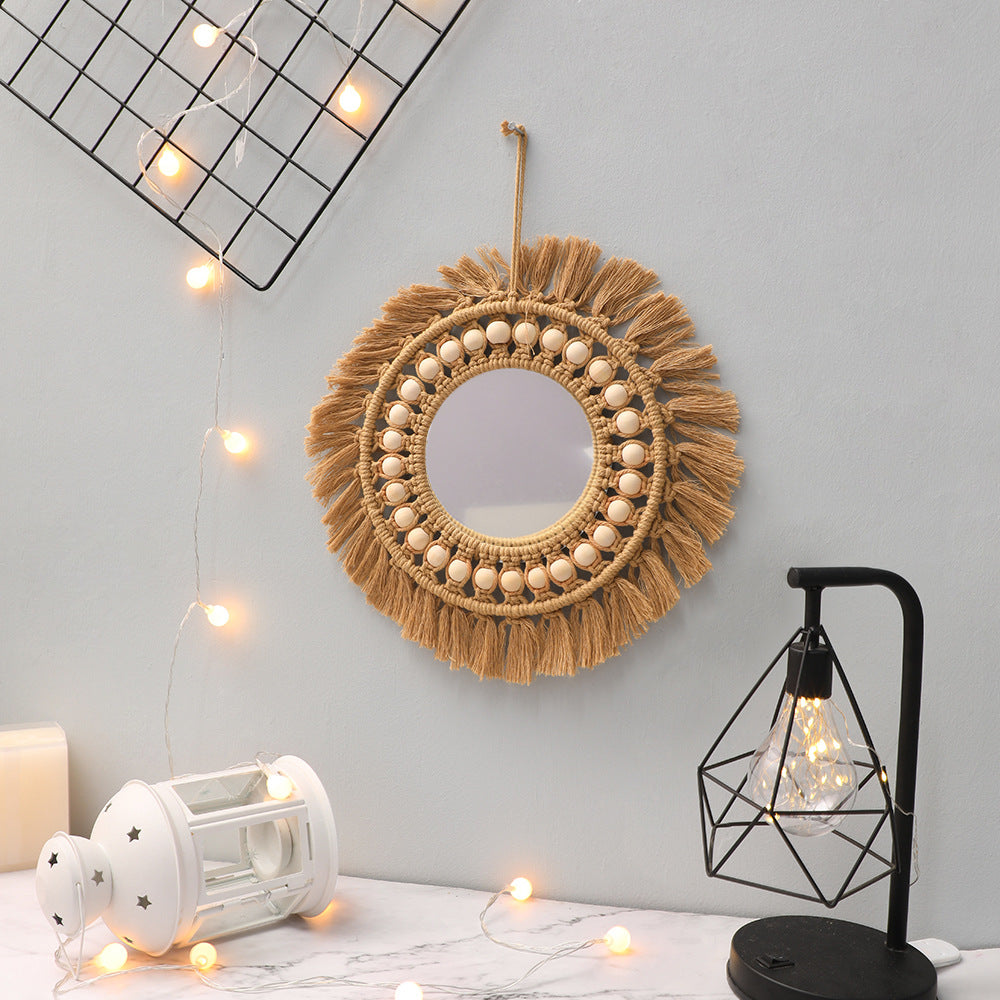 Boho Brown Wall Mirror with Cotton Weaving and Wood Accents - Brown Leaf